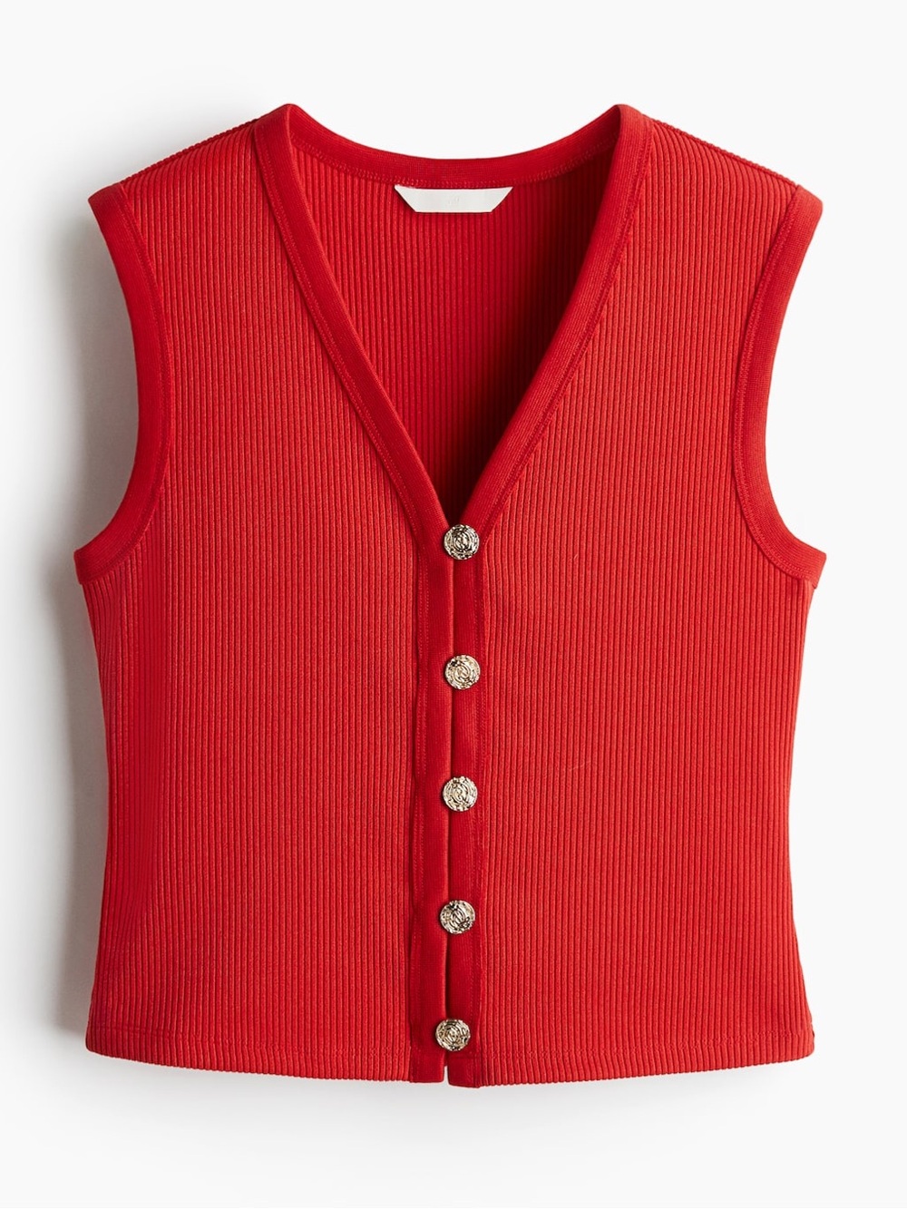 H&M Red Ribbed Knit V-Neck Gold Button-Down Vest, Women's XL